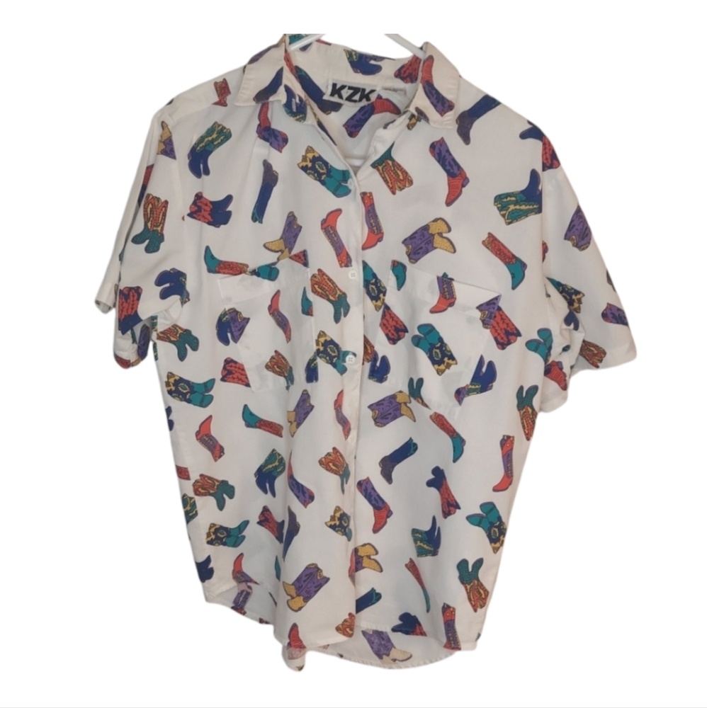 KZK Vintage 90s Western Riding Shirt Cowboy Boots Size M 100% Cotton